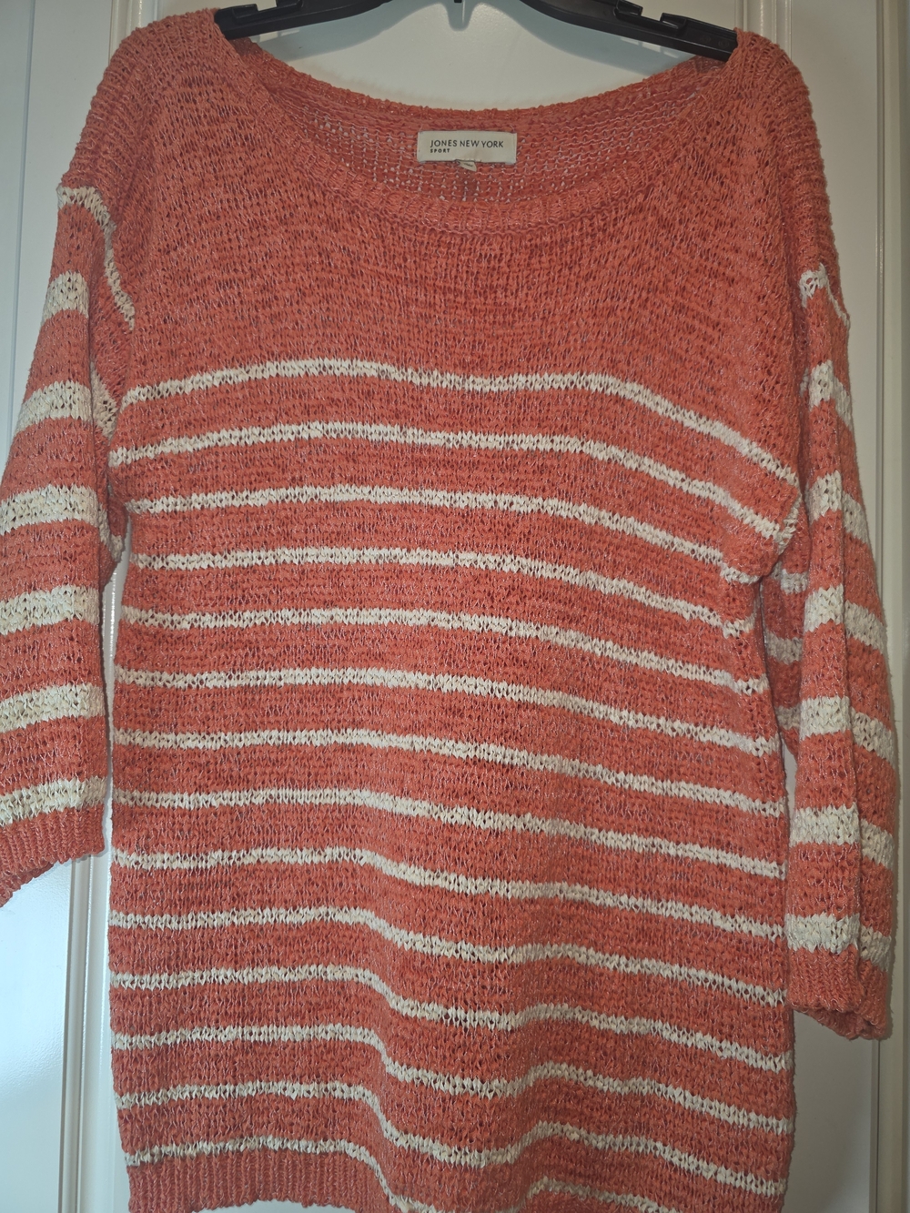 Jones New York Coral and Cream Striped Scoopneck Sweater